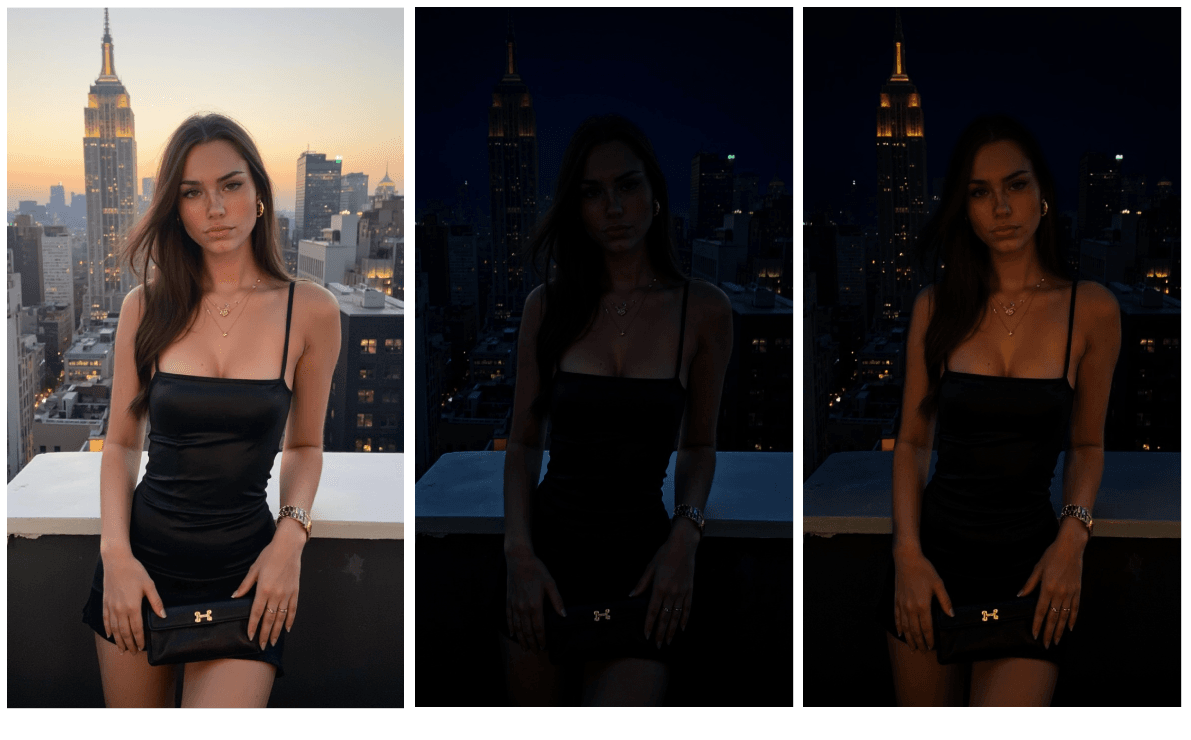 Night-time edits with and without lighting fixes